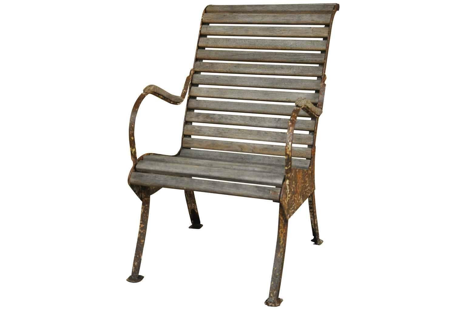 A terrific 19th century garden chair from France. Wonderfully constructed in iron and oak. Fabulous patina. Very sturdy and very comfortable.