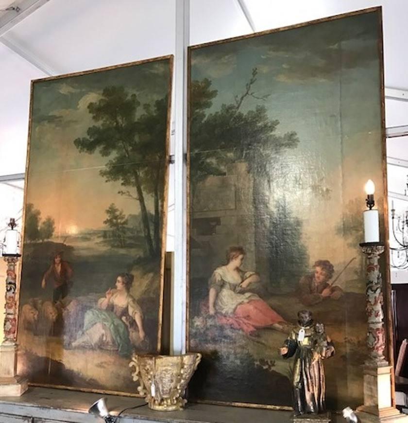 Monumental and outstanding pair of French 18th century paintings - oil on canvas - in the manner of Francois Boucher. The paintings are housed in beautiful gilt frames. Fabulous brushwork and sensational color. Additional photography upon request.