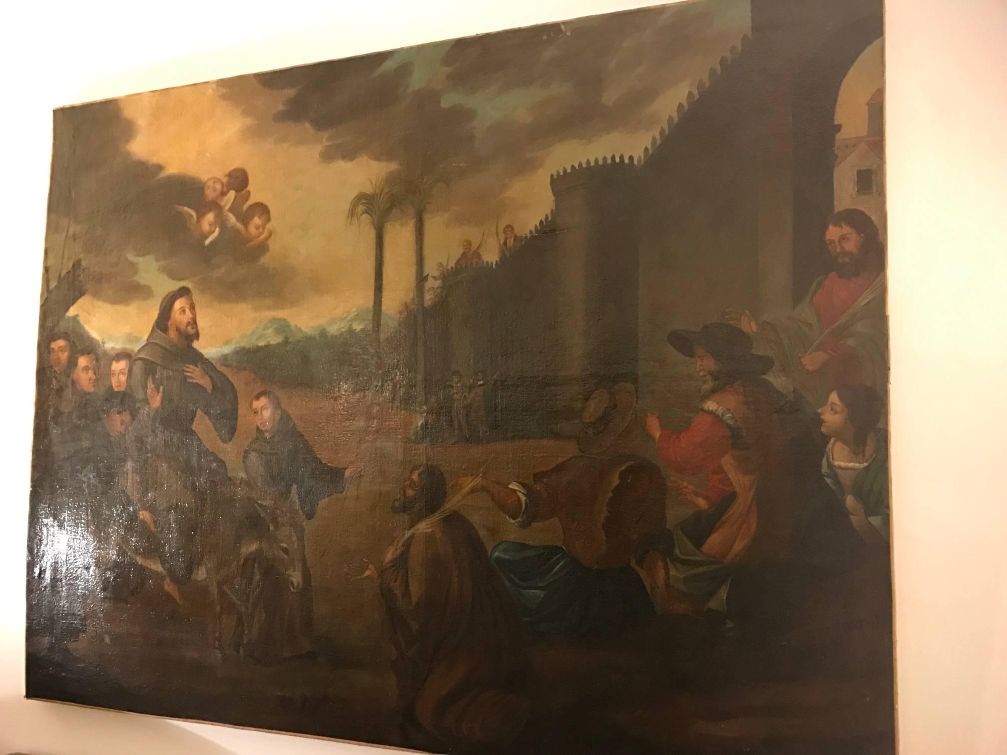 A monumental and stunning Spanish 17th century oil on canvas painting of Saint Francis arriving to Damietta in 1219 during the 5th crusade. Saint Francis went to Egypt to try and convert the Sultan to Christianity and attempt to end the crusade.