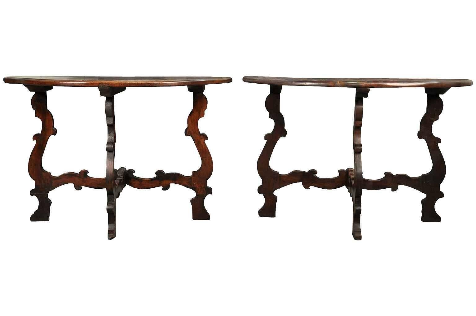 Stunning Pair of 18th Century Italian Demi Lune Console Tables In Excellent Condition In Atlanta, GA