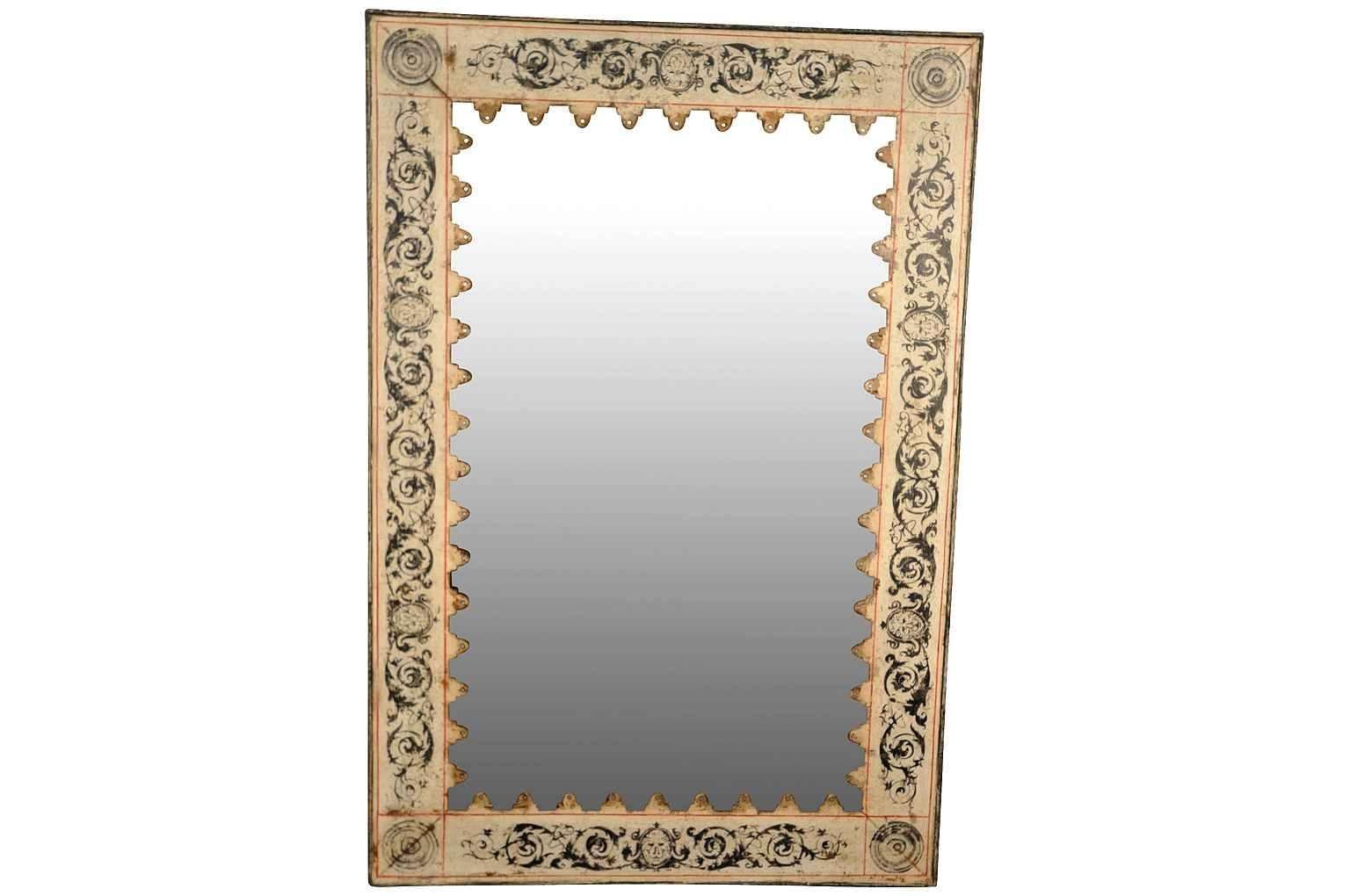 Pair of terrific mirrors constructed from wood that is clad in antique reclaimed metal and painted. Fabulous finish!!! The glass is slightly crazed for added charm. The mirrors may be sold individually. The price per piece is $3625.