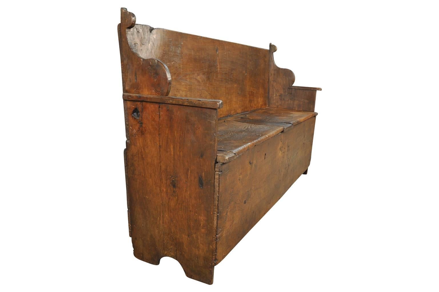A fabulous mid-17th century bench. Trunk from the Piedmonte region of Northern Italy. Beautifully constructed from chestnut. Sensational patina - very rich and luminous.