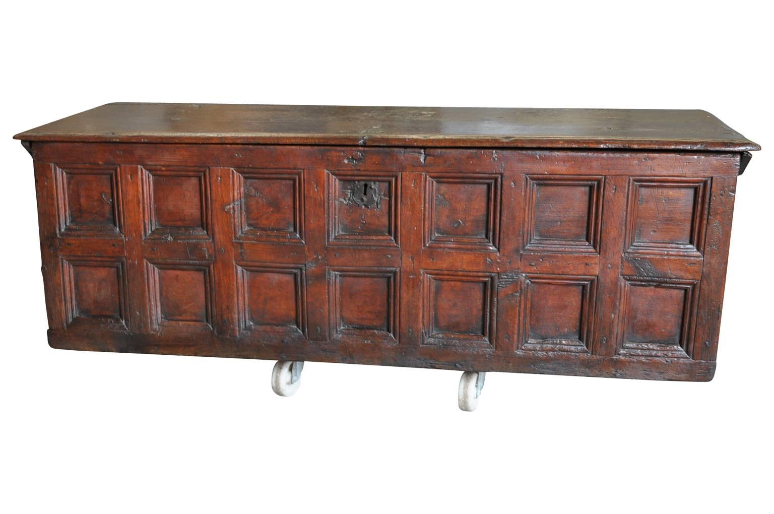 A very handsome 18th century trunk from France. Wonderfully constructed in richly stain pine wood. Wonderful at the base of a bed, under a picture window or as a coffee table.