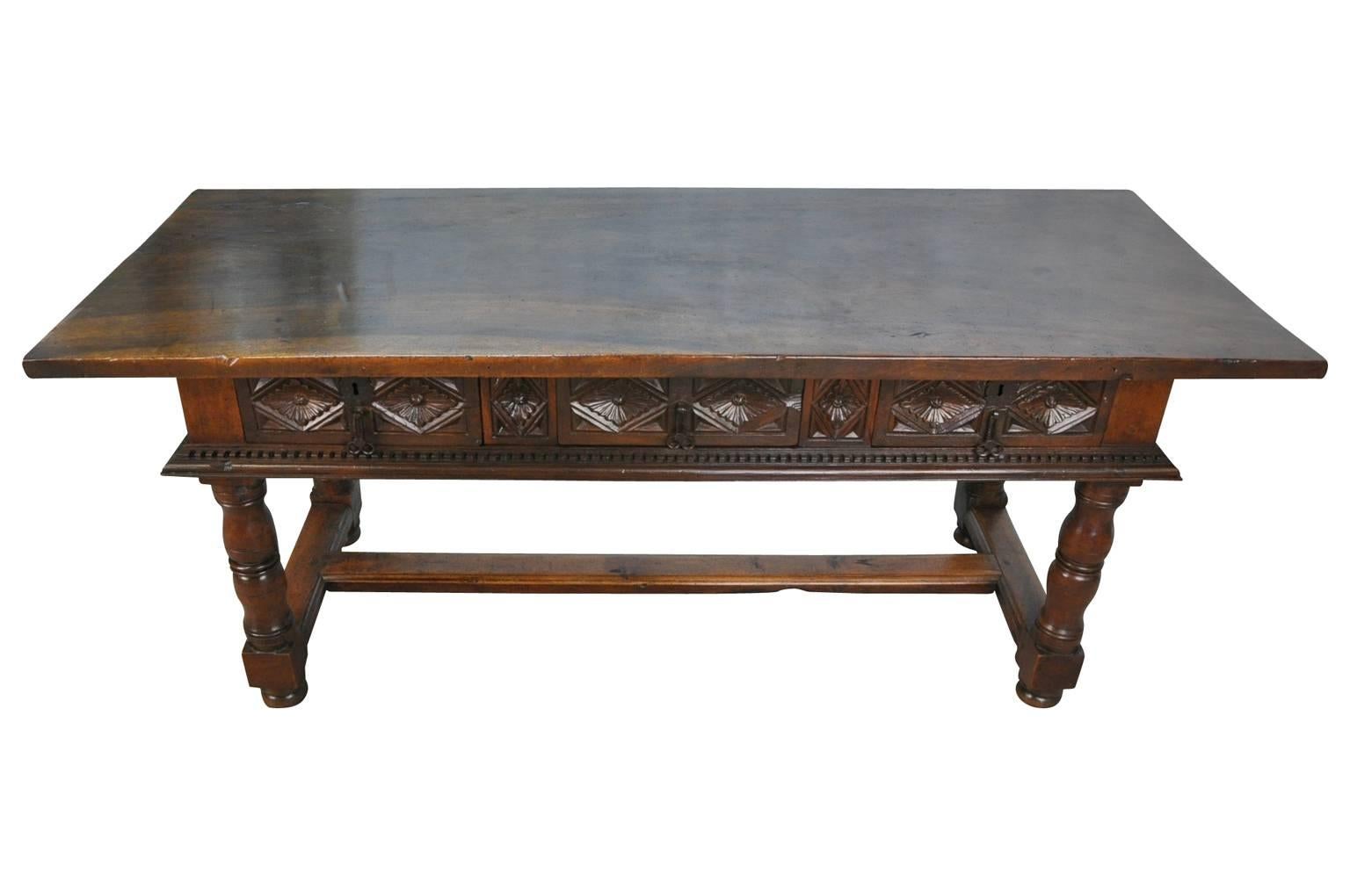 An outstanding 18th century Reflectoire table or desk from the Catalan region of Spain. Masterly constructed from walnut with a stunning solid board top. Wonderful patina.... This table serves beautifully not only as a writing table, but as a