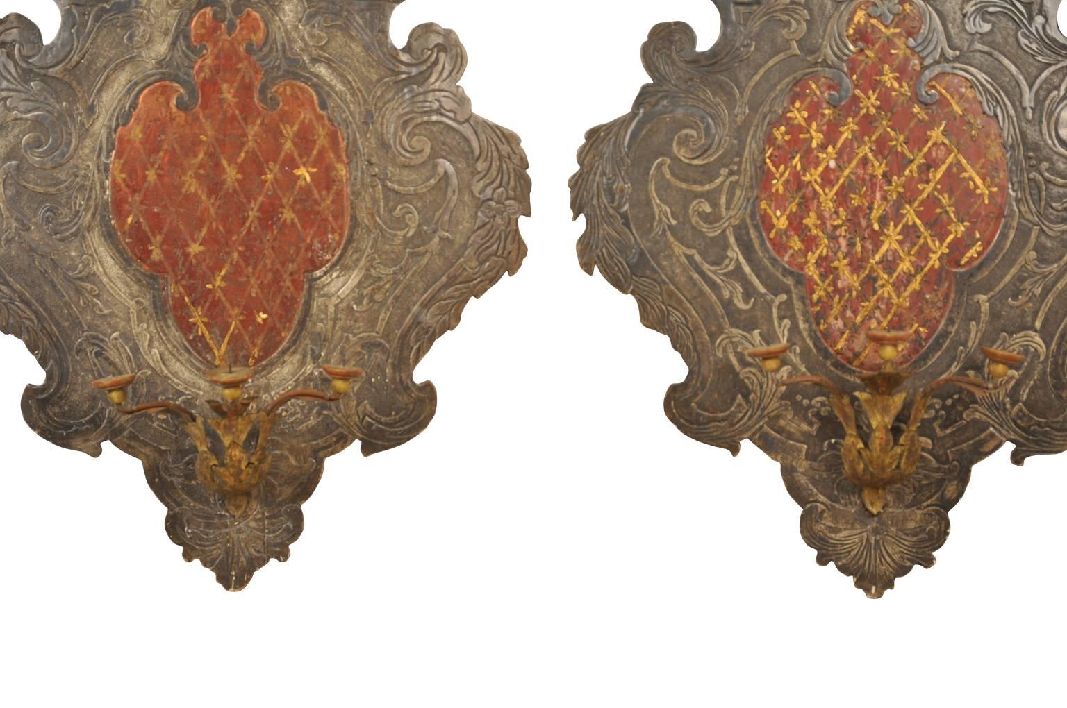 Polychromed Pair of 18th Century Italian Blasson Appliques, Sconces