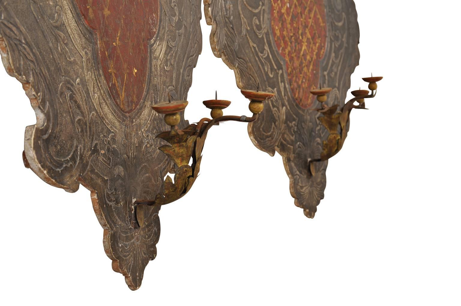 Wood Pair of 18th Century Italian Blasson Appliques, Sconces