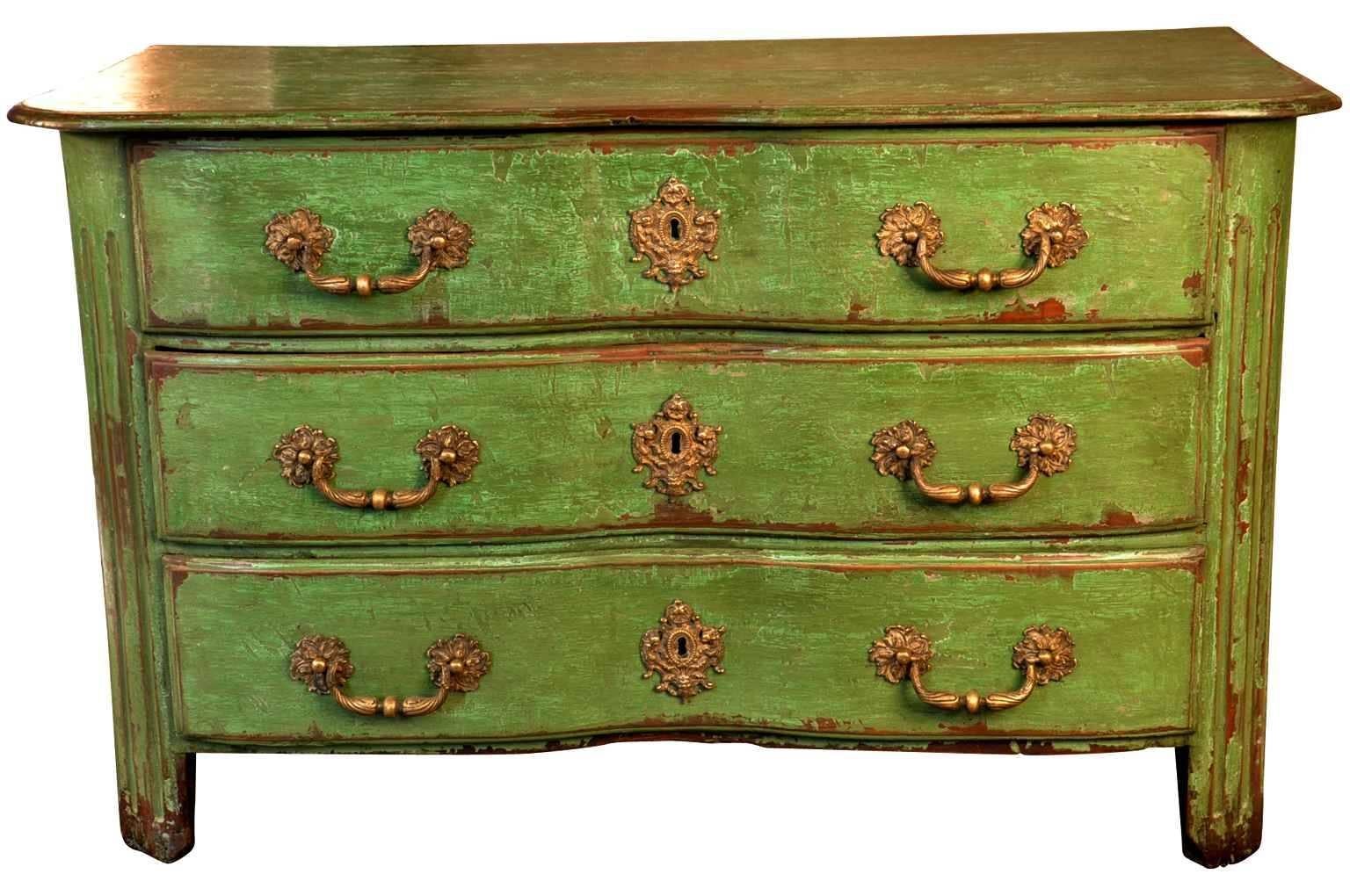 French 18th century Louis XIV Arbalete commode in painted wood. Handsomely constructed with shaped top surface, fluted frame members, molded side panels and original bronze hardware. Fabulous painted finish with rich patina and texture.