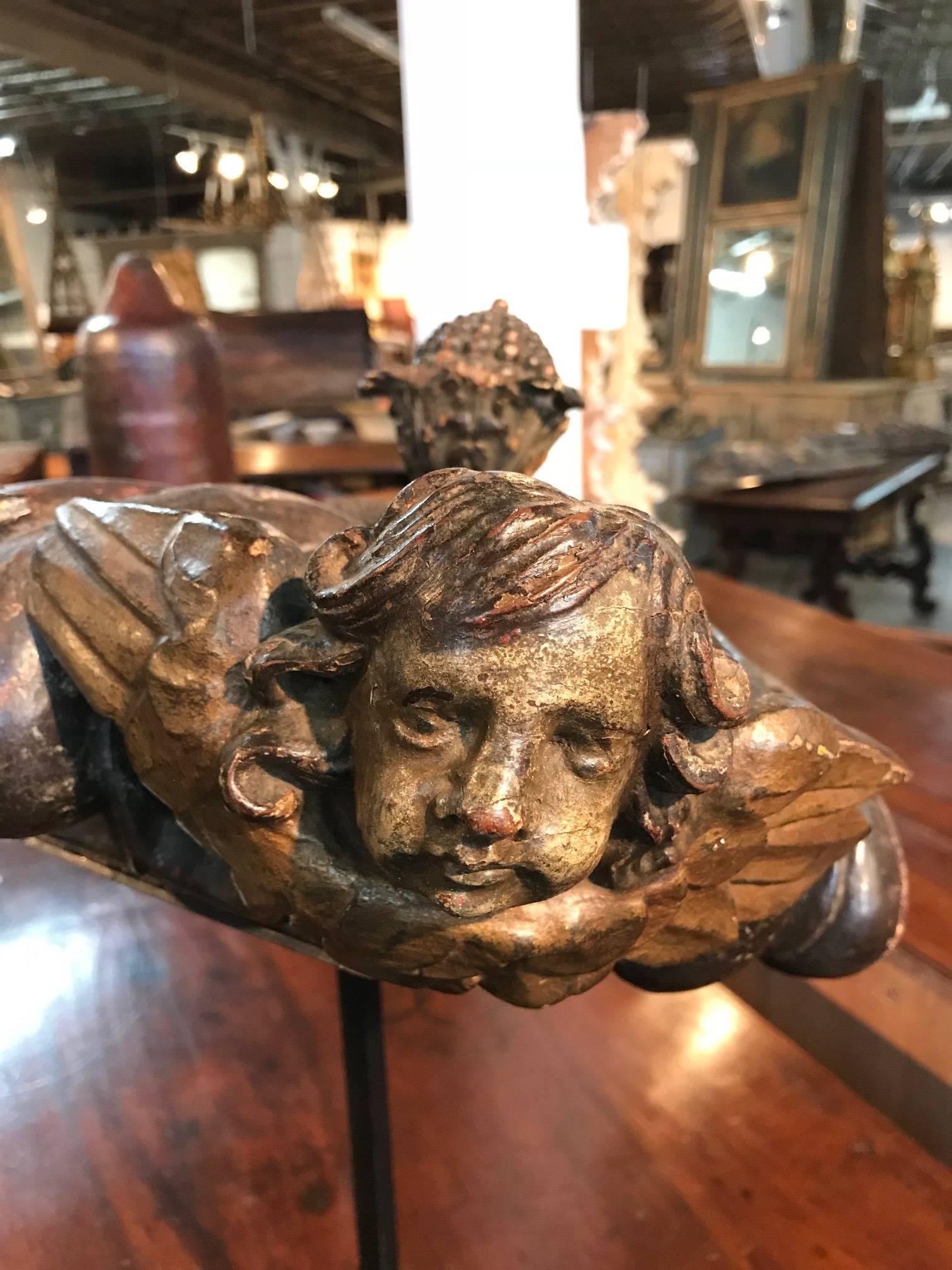 Wood Italian 17th Century Polychromed Fragment of Charming Putti For Sale