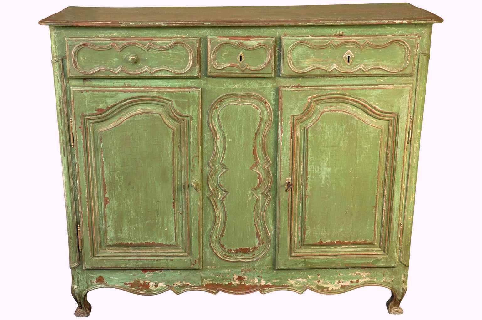 A very handsome French Provencal 18th century buffet in painted wood from the South of France. Wonderfully constructed with double doors and three drawers. Terrific painted finish and patina. A wonderful piece for any kitchen or living area.