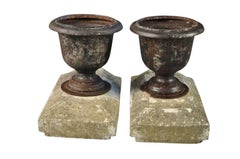 19th Century Pair of French Iron Urns on Stone Plinths