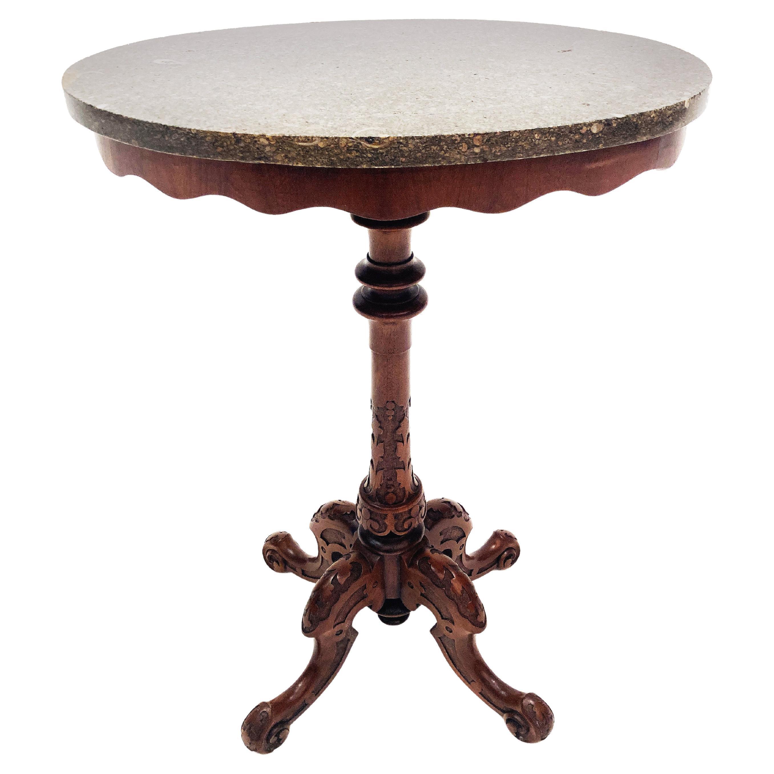 19th c. Victorian Walnut Carved Chippendale Style Gueridon Marble Top Table For Sale