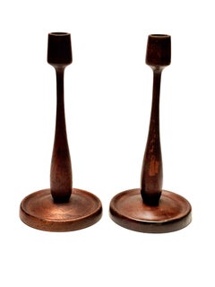 Pair of Antique Hand-Turned Mahogany Candlesticks with Dish Bases