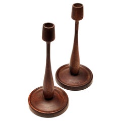 Pair of Antique Hand-Turned Mahogany Candlesticks with Dish Bases