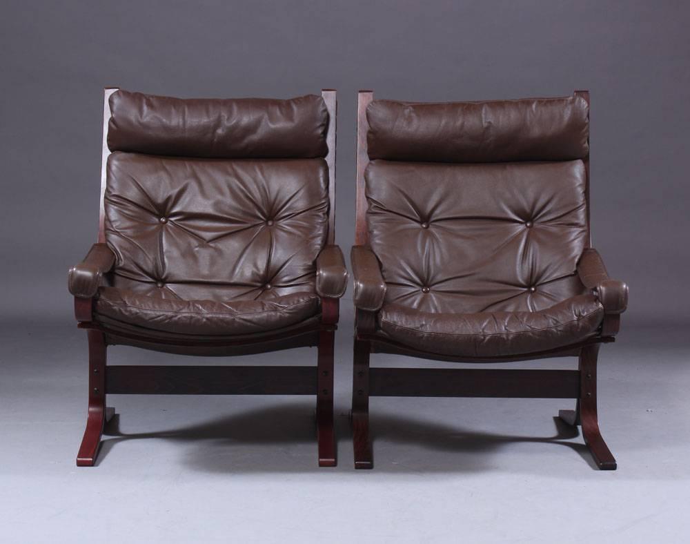 Scandinavian Modern Pair of Ingmar Relling Siesta Leather High Back Lounge Chairs