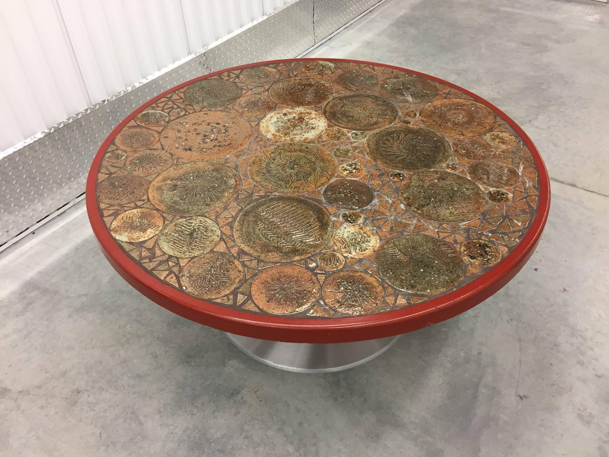 Scandinavian Modern Tue Poulsen Circular Coffee Table with Art Tile Inlay, Denmark, circa 1960s For Sale