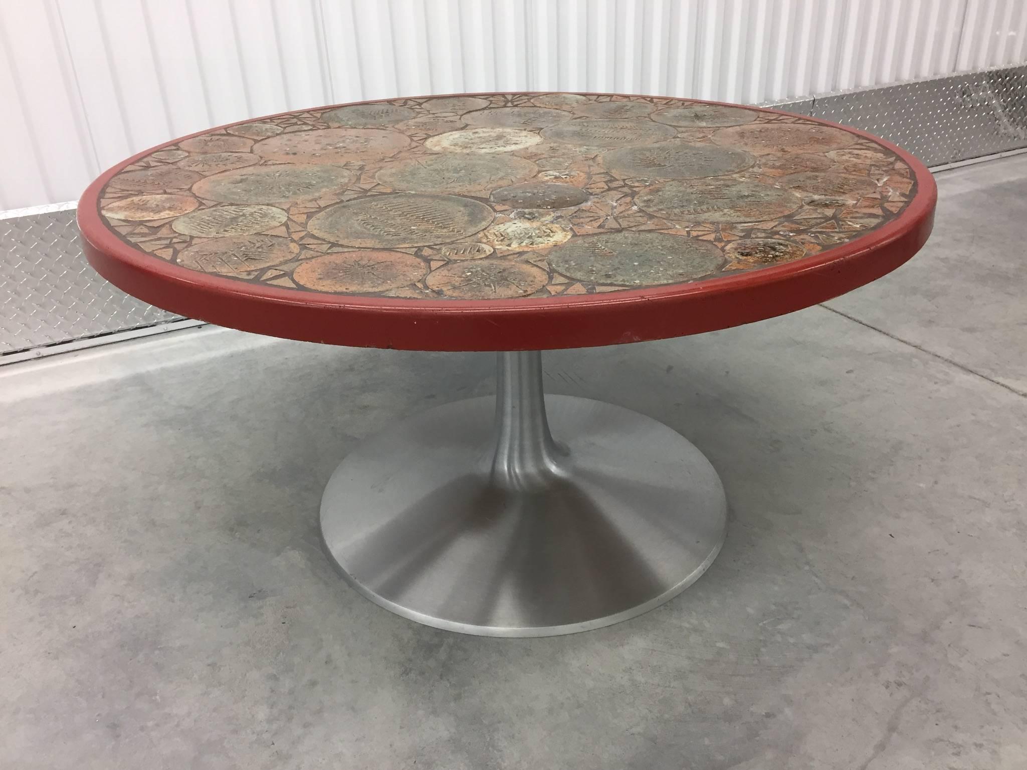 Danish Tue Poulsen Circular Coffee Table with Art Tile Inlay, Denmark, circa 1960s For Sale