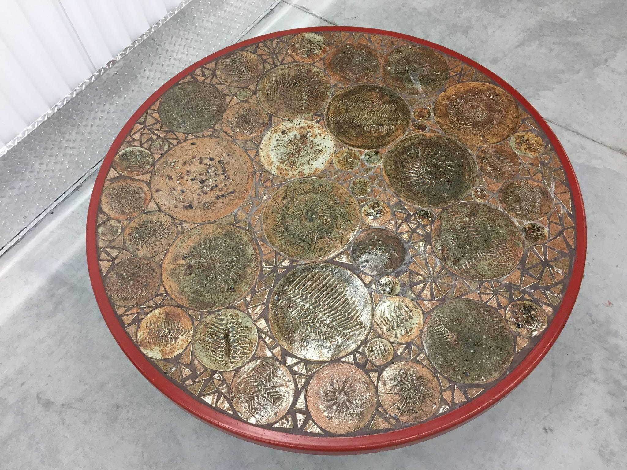 Tue Poulsen Circular Coffee Table with Art Tile Inlay, Denmark, circa 1960s For Sale 2