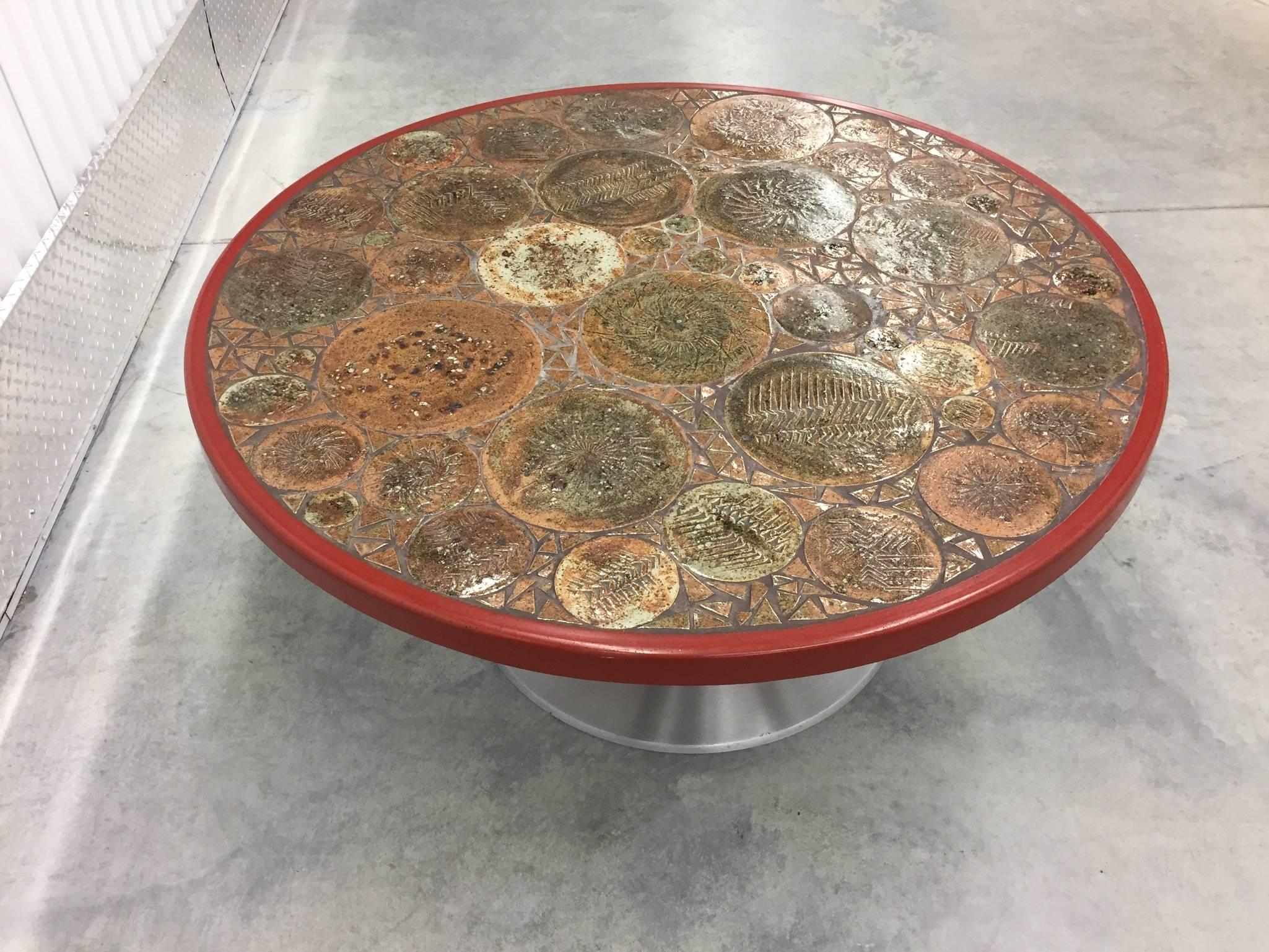 Aluminum Tue Poulsen Circular Coffee Table with Art Tile Inlay, Denmark, circa 1960s For Sale