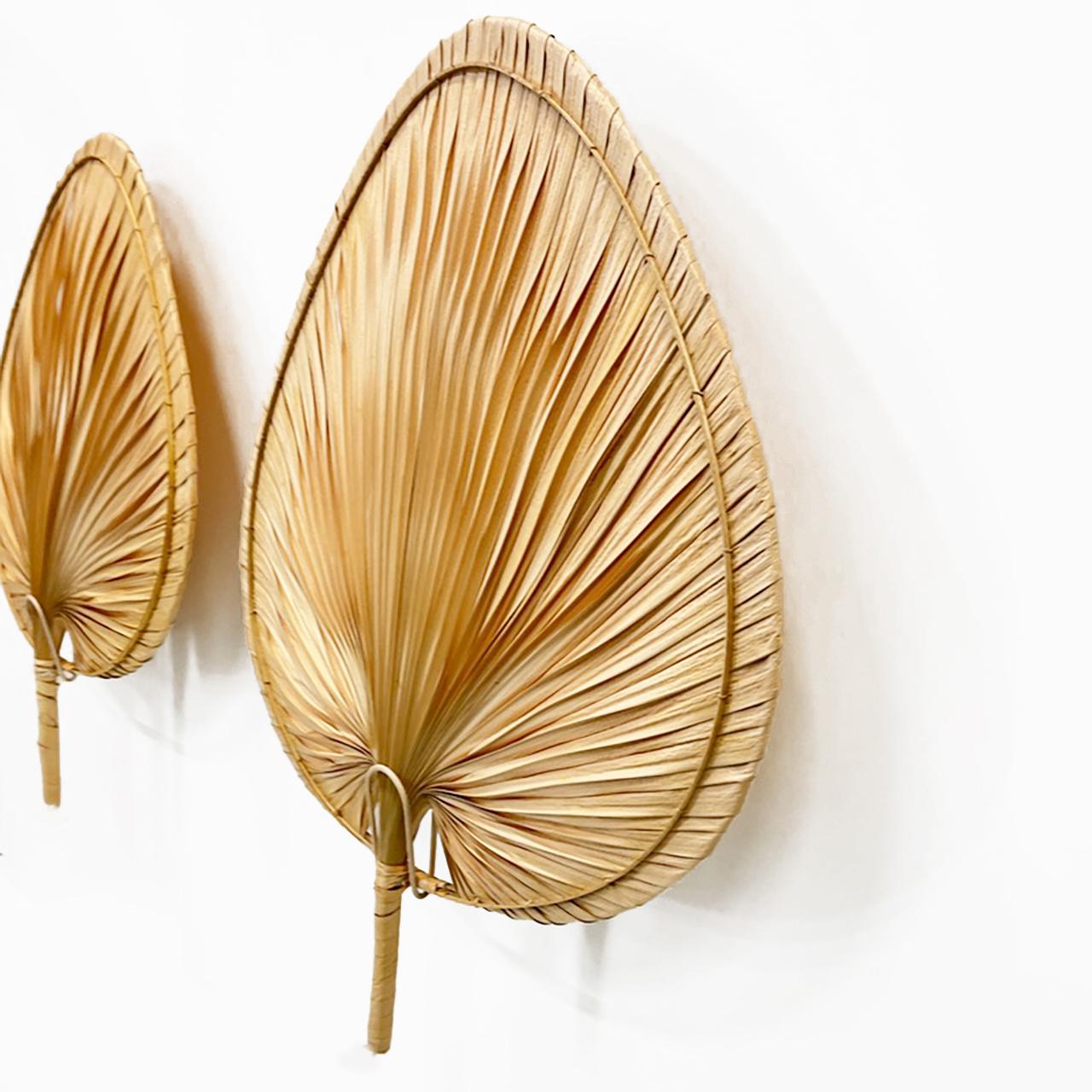 Pair of rattan, cane, natural fibre, painted metal wall sconces in the style of Ingo Maurer,  Italy 70s.