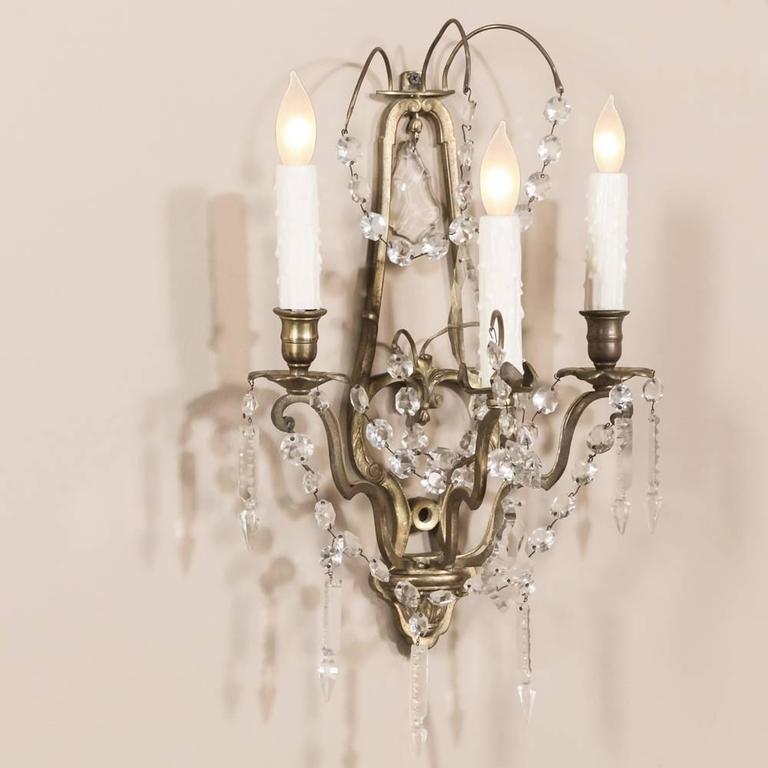 Pair of French Louis XVI Brass and Crystal Wall Sconces at 1stdibs