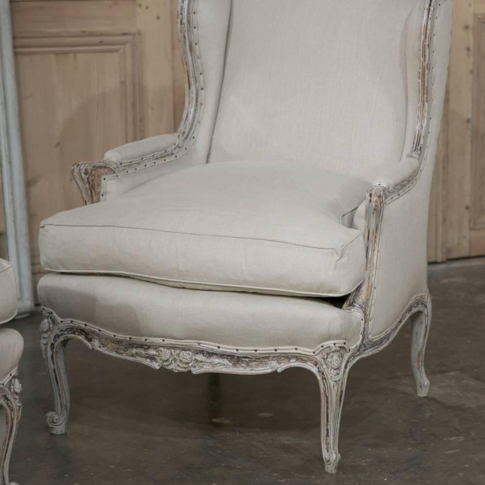 Pair Antique French Louis XV Painted Bergères /Armchairs 3
