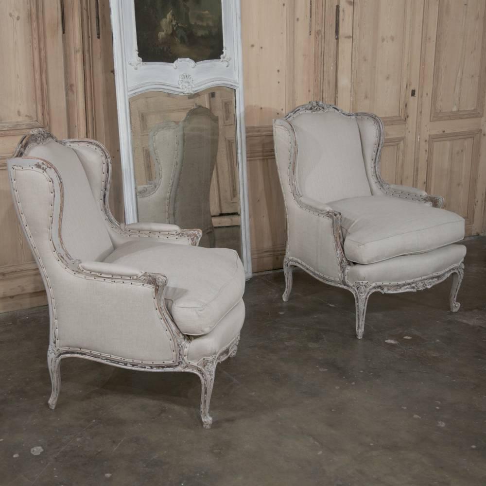 Pair Antique French Louis XV Painted Bergères /Armchairs 