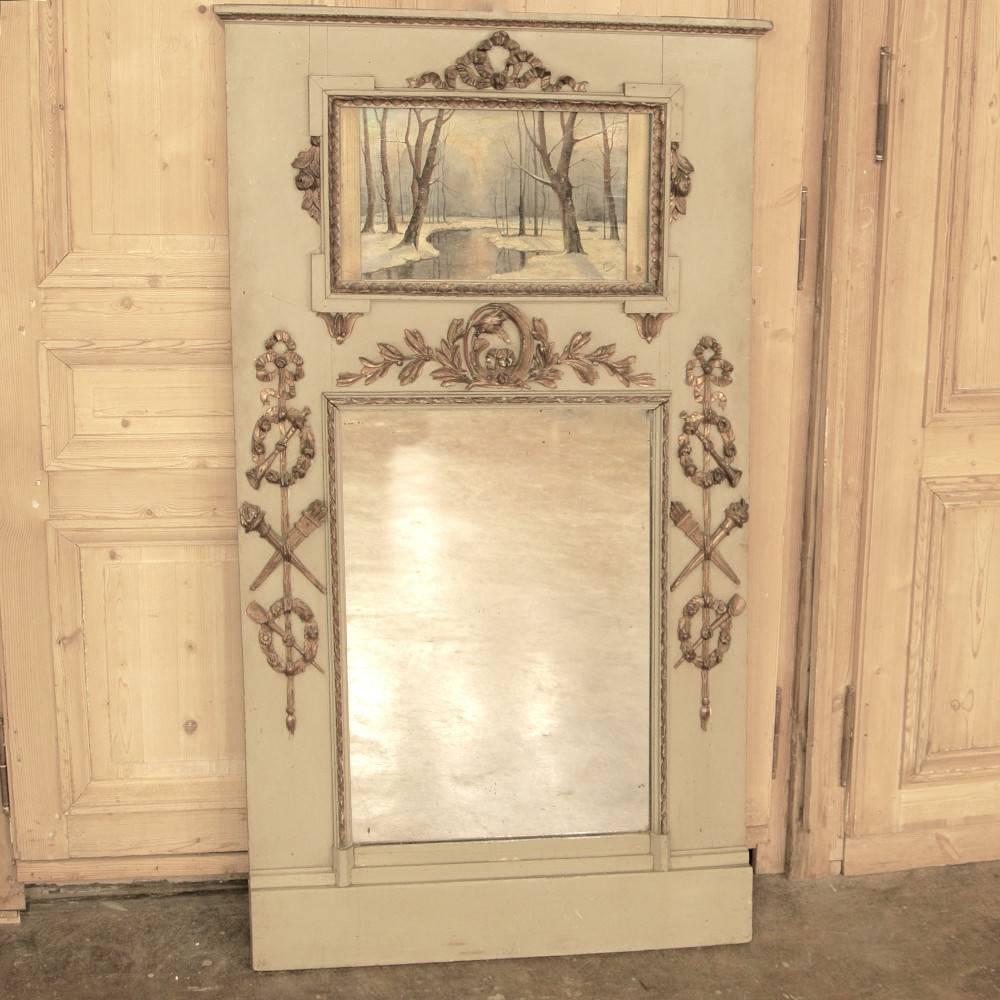 Wood  19th Century French Neoclassical Louis XVI Painted Trumeau Mirror