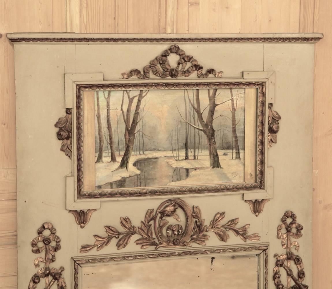  19th Century French Neoclassical Louis XVI Painted Trumeau Mirror In Excellent Condition In Dallas, TX