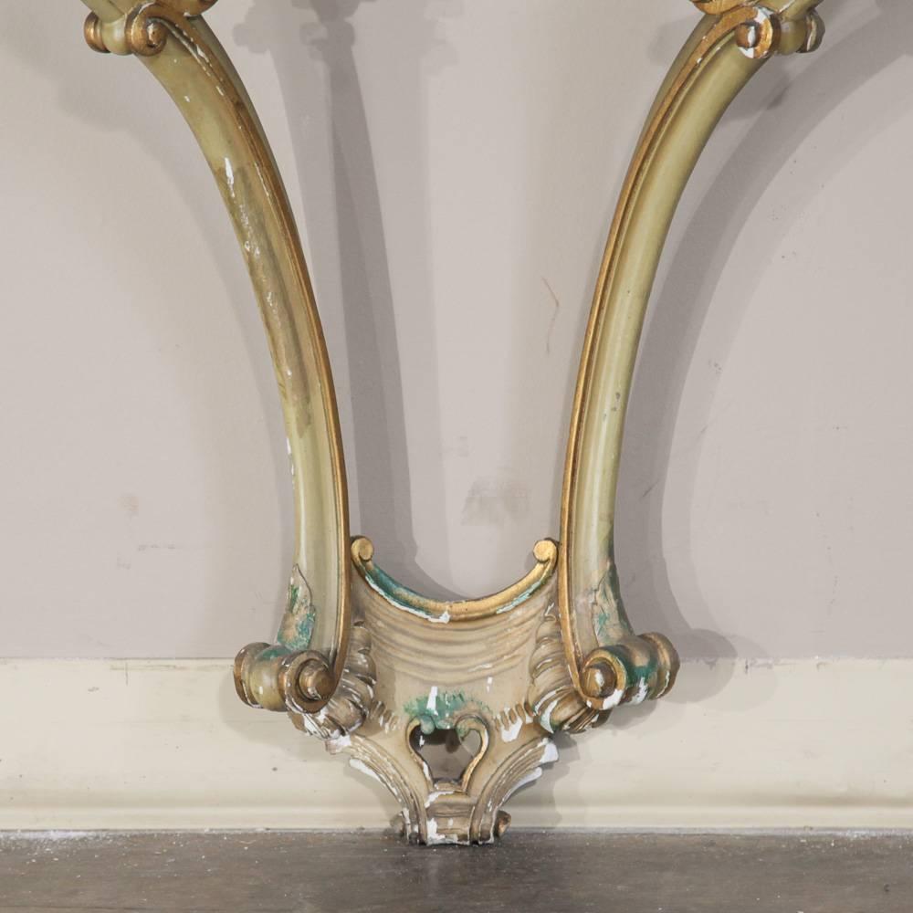 Hand-Carved Antique Italian Rococo Hand Painted Faux Marble Console and Mirror, Ca 1910