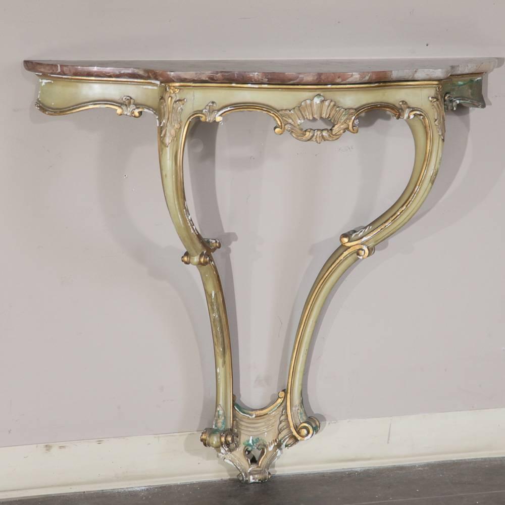 Early 20th Century Antique Italian Rococo Hand Painted Faux Marble Console and Mirror, Ca 1910