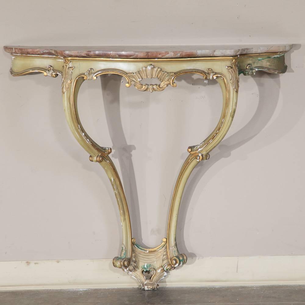 Antique Italian Rococo Hand Painted Faux Marble Console and Mirror, Ca 1910 In Good Condition In Dallas, TX