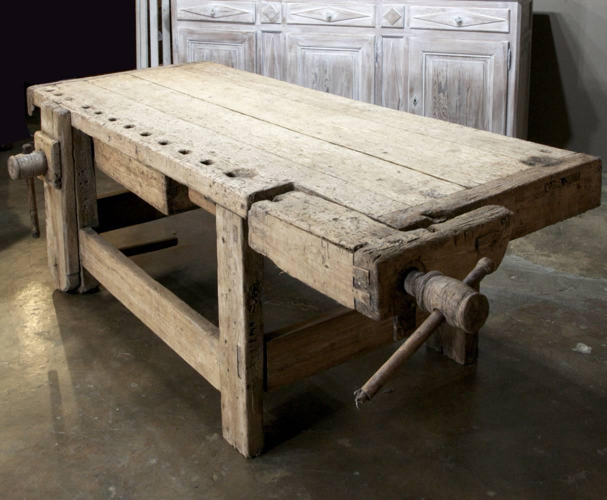 Handcrafted by the very artisans who were responsible for some of the timeless treasures that you see all around you in both of our huge showrooms, this 19th century rustic Country French workbench was built on a large-scale to handle large