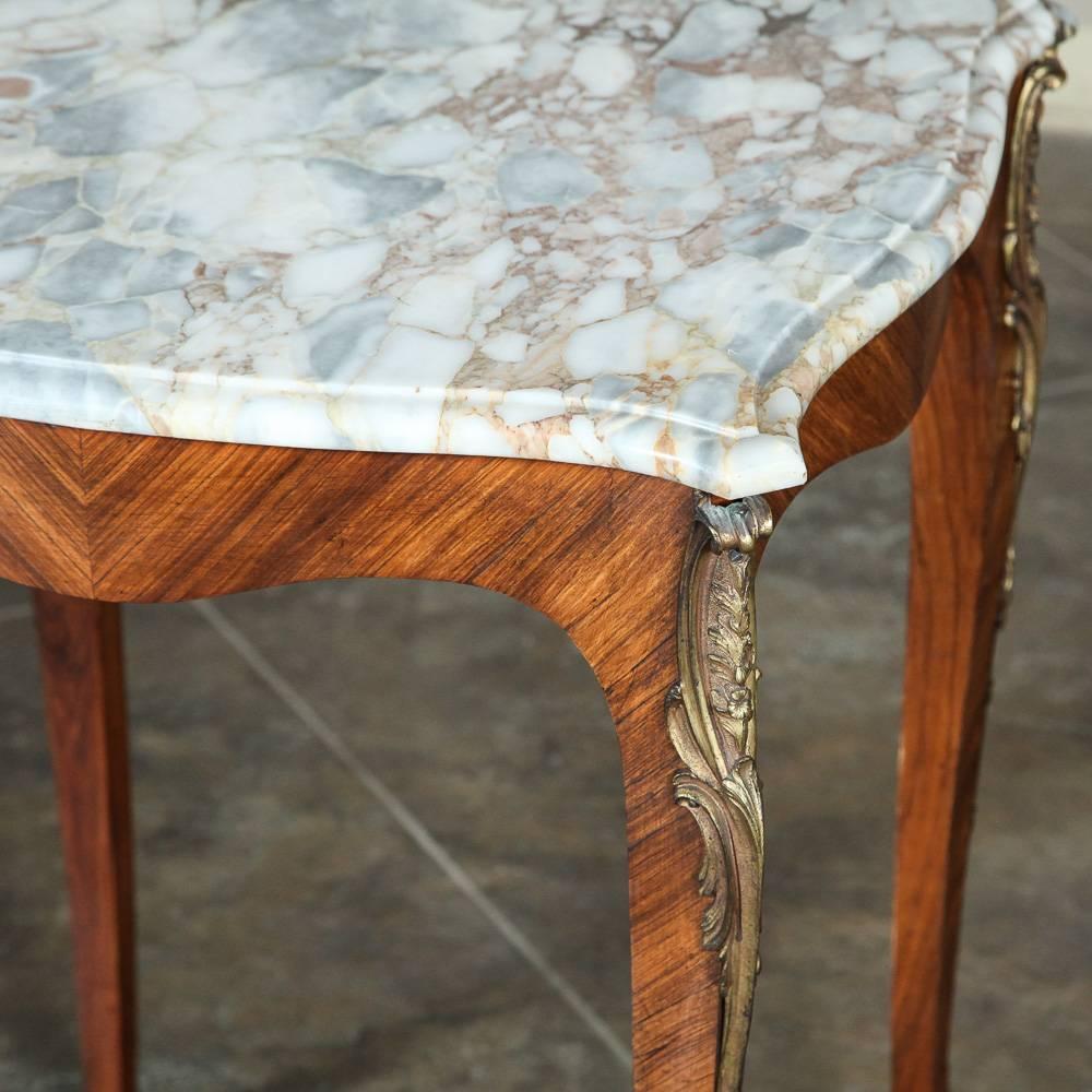 Late 19th Century Louis XV French Marble -Top Marquetry Square End Table with Ormolu, Ca. 1890