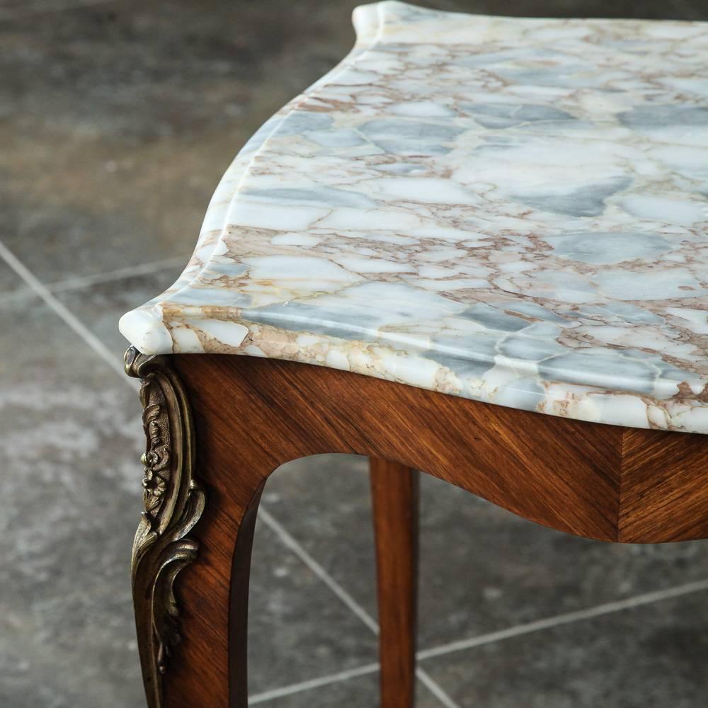 Louis XV French Marble -Top Marquetry Square End Table with Ormolu, Ca. 1890 In Excellent Condition In Dallas, TX