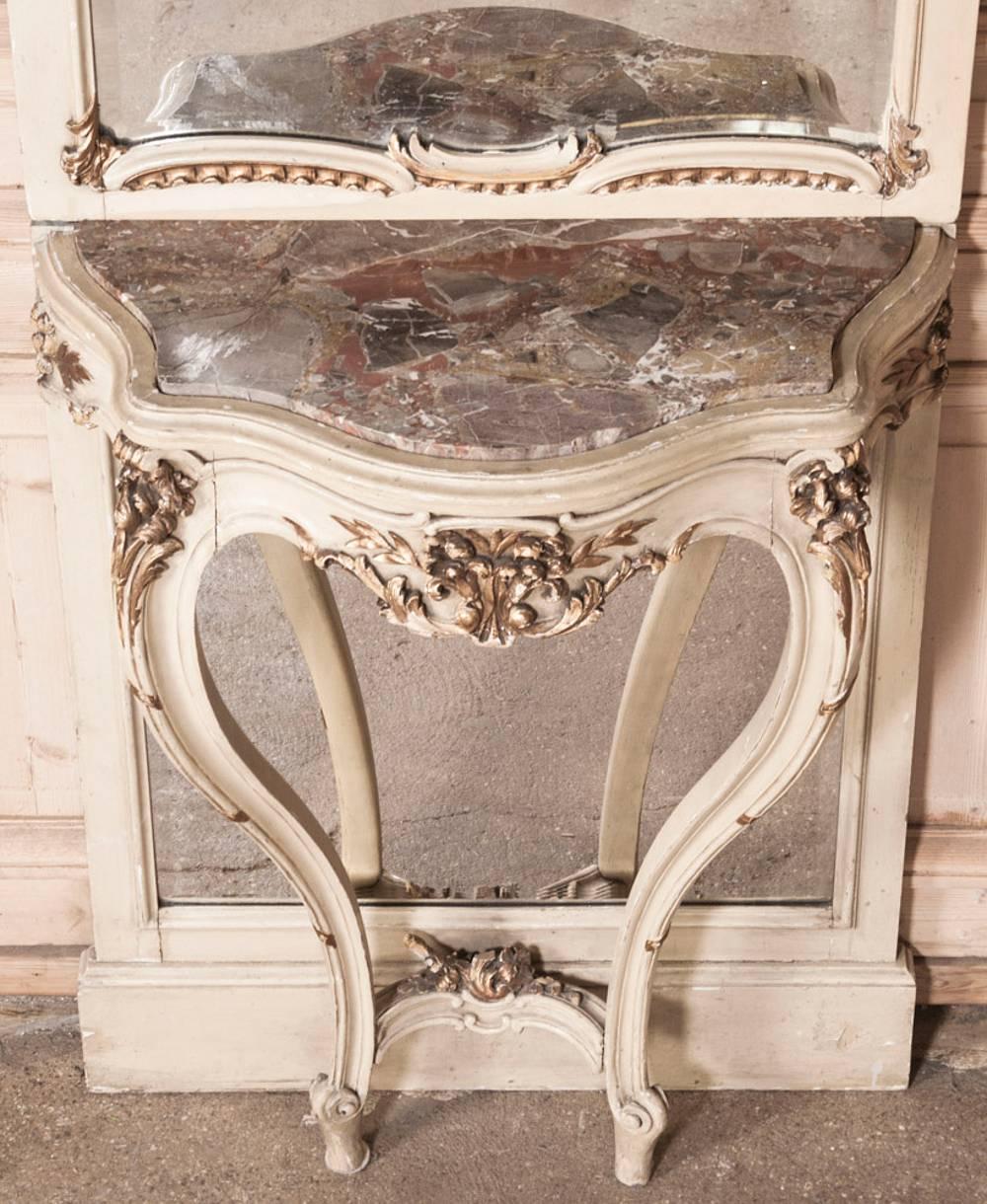 Beveled Monumental19th Century French Louis XV Painted Console-Trumeau