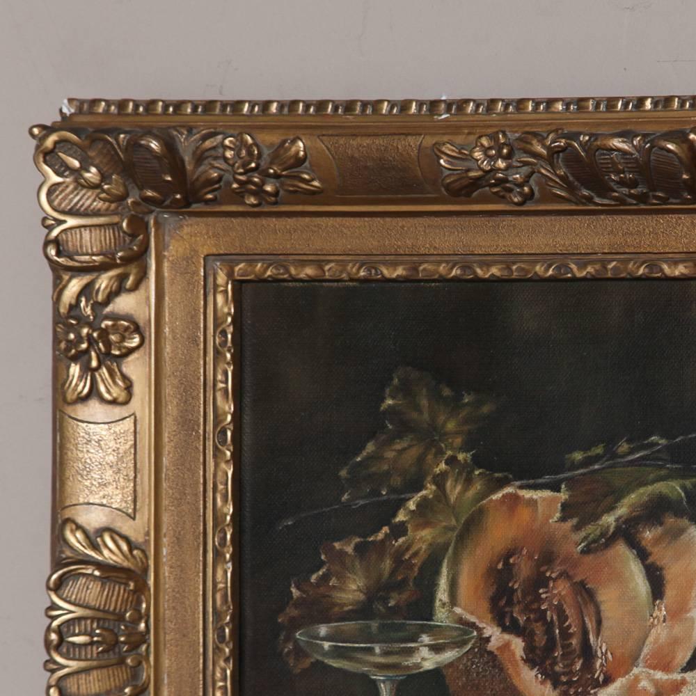 Antique still life framed oil painting on canvas was exquisitely created by talented artist A. De Racourt, and survives in its original highly detailed giltwood frame.
dated 1923.
Measures: 22 H x 25.5 W.