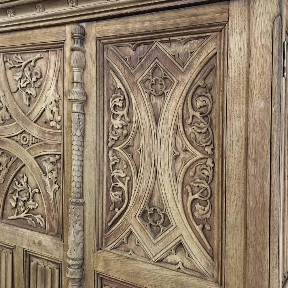 Gothic Revival Antique Stripped Gothic Hand Carved Solid Oak Armoire