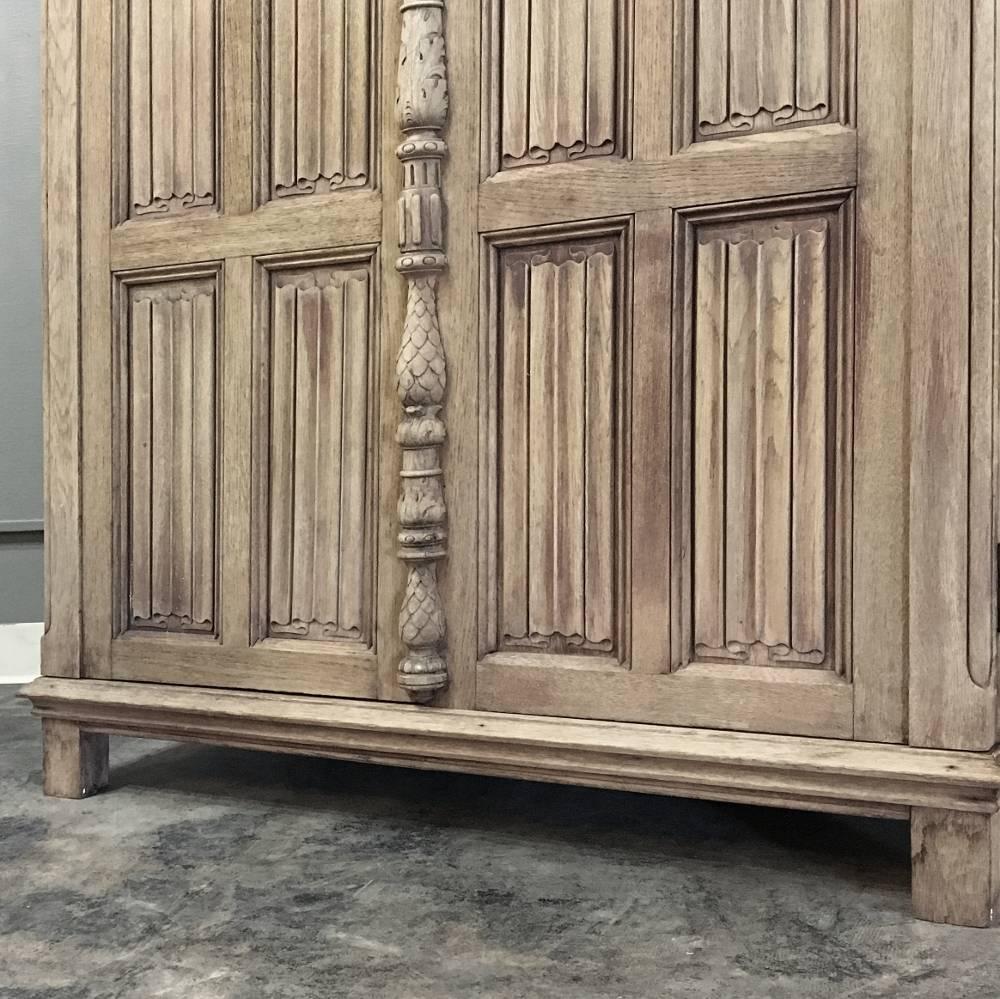 Hand-Carved Antique Stripped Gothic Hand Carved Solid Oak Armoire