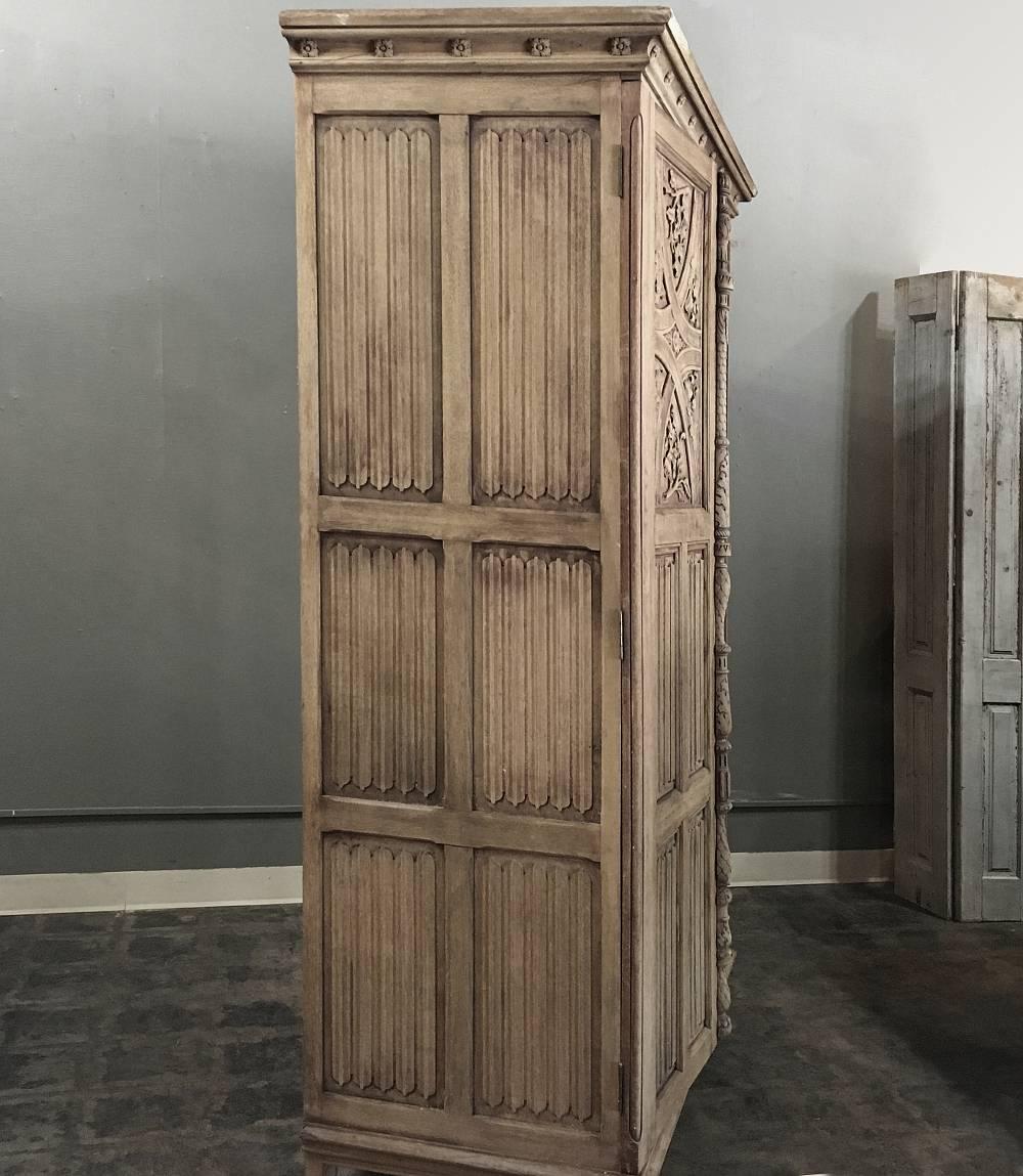 Early 20th Century Antique Stripped Gothic Hand Carved Solid Oak Armoire