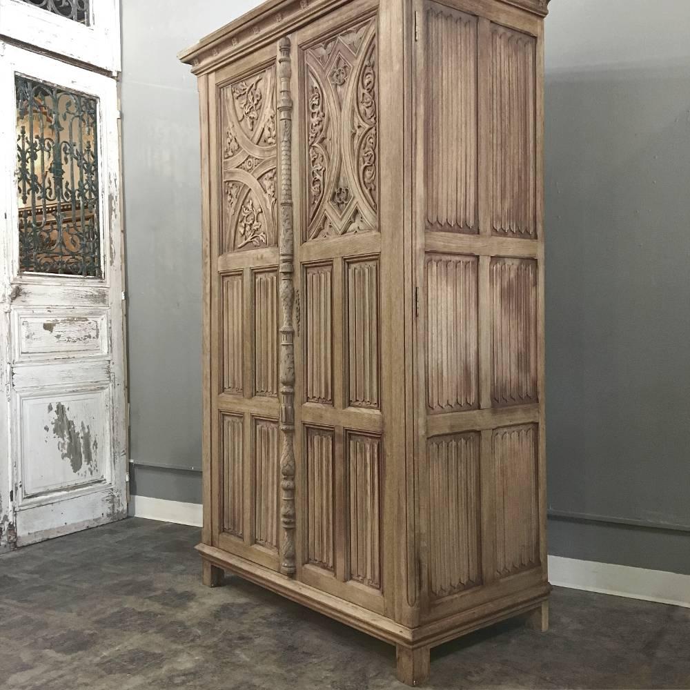Antique Stripped Gothic Hand Carved Solid Oak Armoire 1