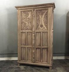 Antique Stripped Gothic Hand Carved Solid Oak Armoire