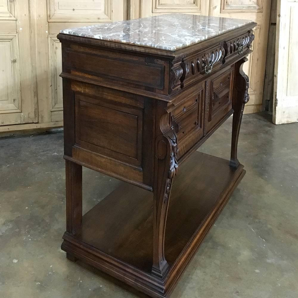 19th Century French Louis XIV Hand-Carved Walnut Marble Top Buffet 4