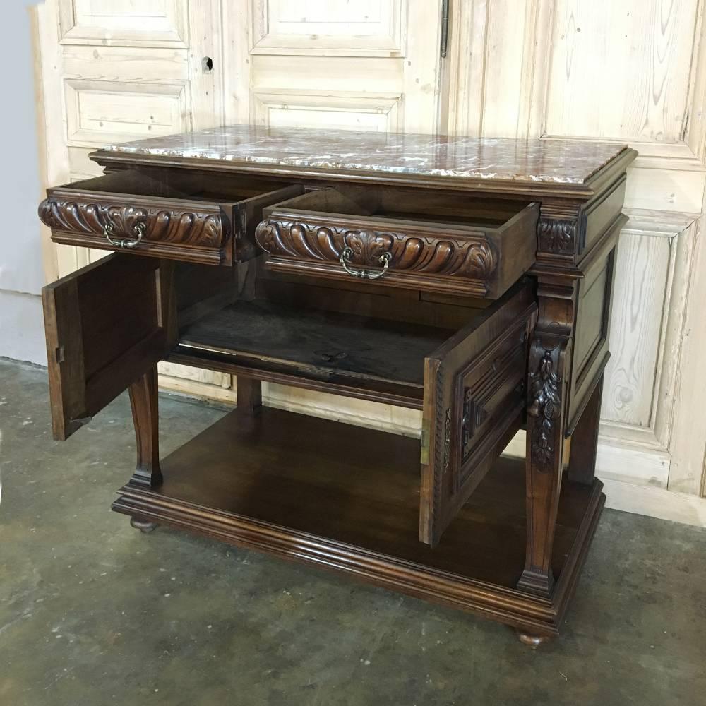 19th Century French Louis XIV Hand-Carved Walnut Marble Top Buffet In Good Condition In Dallas, TX