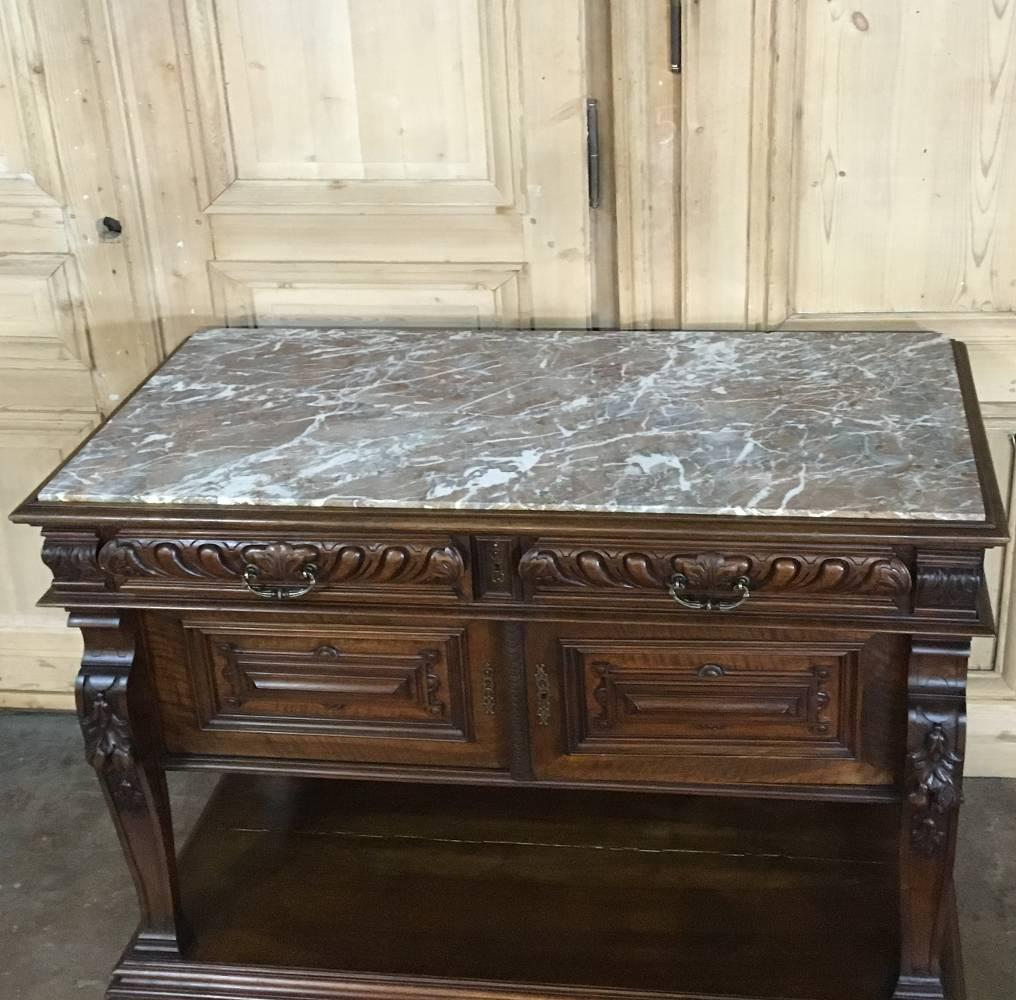 19th Century French Louis XIV Hand-Carved Walnut Marble Top Buffet 6