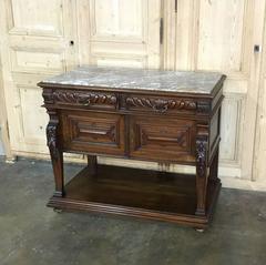 19th Century French Louis XIV Hand-Carved Walnut Marble Top Buffet