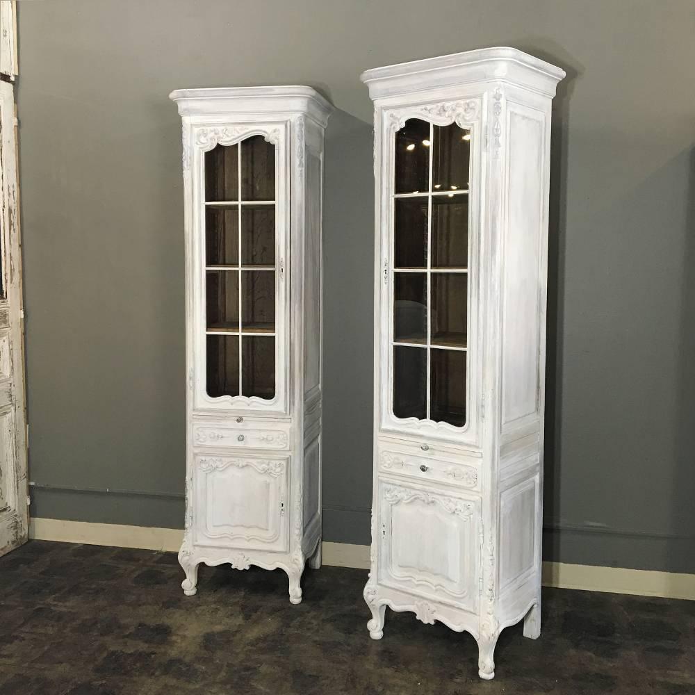 Hand-Carved Pair of Antique Country French Painted Louis XV Vitrines ~ Bookcases