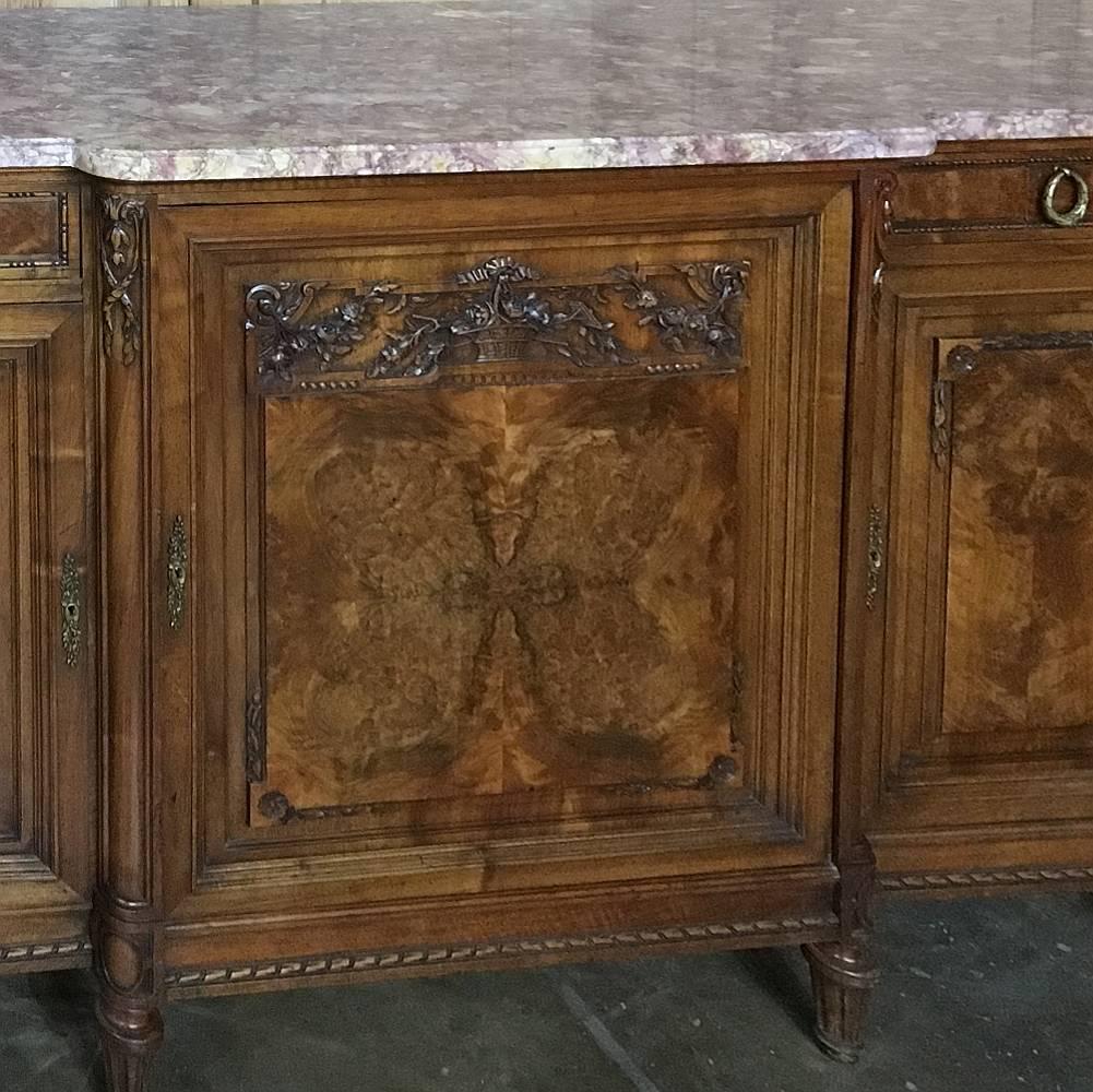 19th Century French Baroque Burl Walnut Hand-Crafted Marble-Top Buffet 1