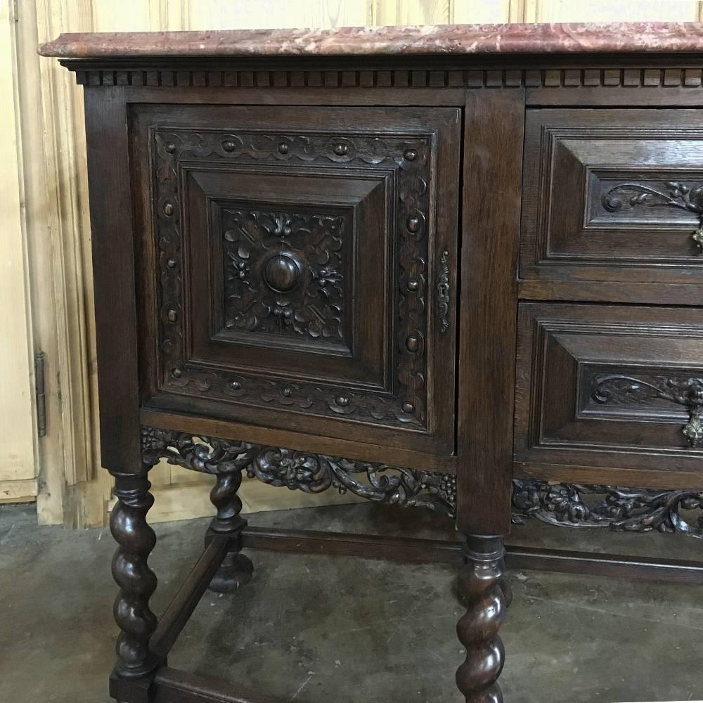 Hand-Crafted Antique Raised Renaissance Buffet with Jasper Top and Barley Twist Legs