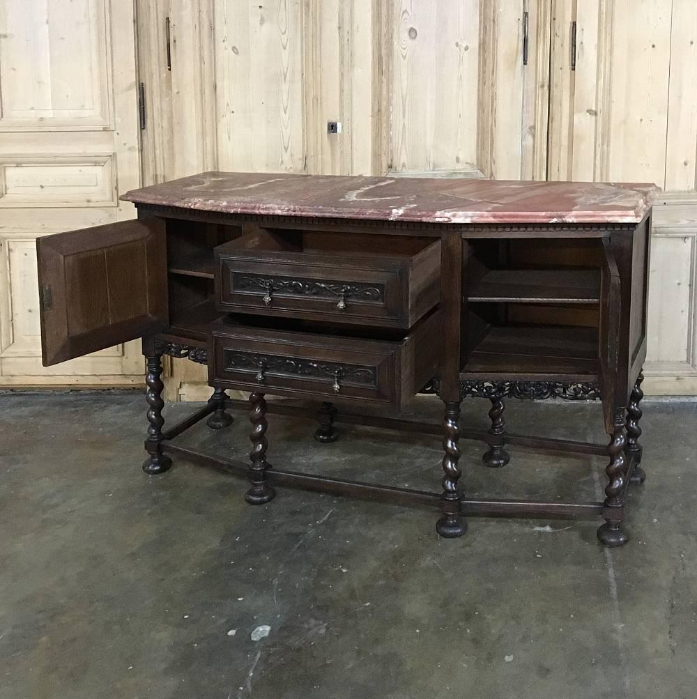 Antique Raised Renaissance Buffet with Jasper Top and Barley Twist Legs In Excellent Condition In Dallas, TX