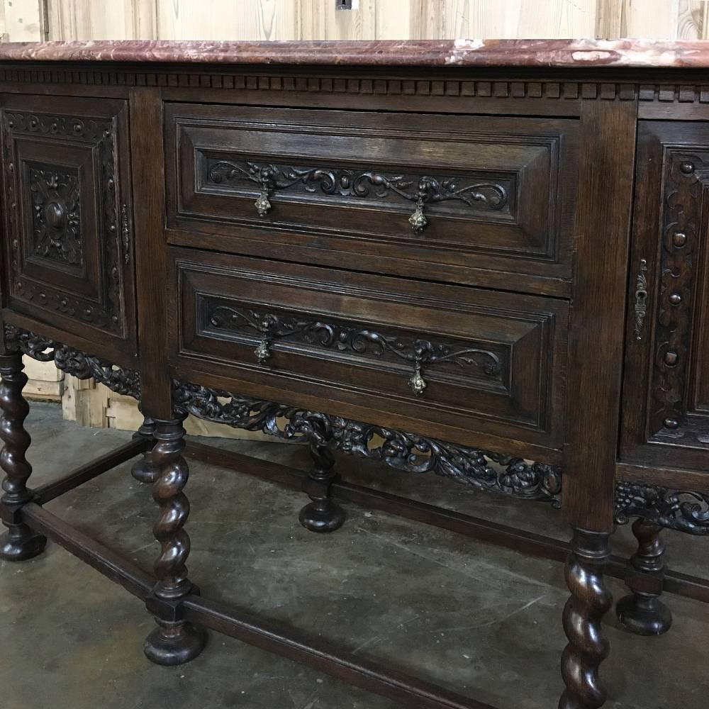 French Antique Raised Renaissance Buffet with Jasper Top and Barley Twist Legs
